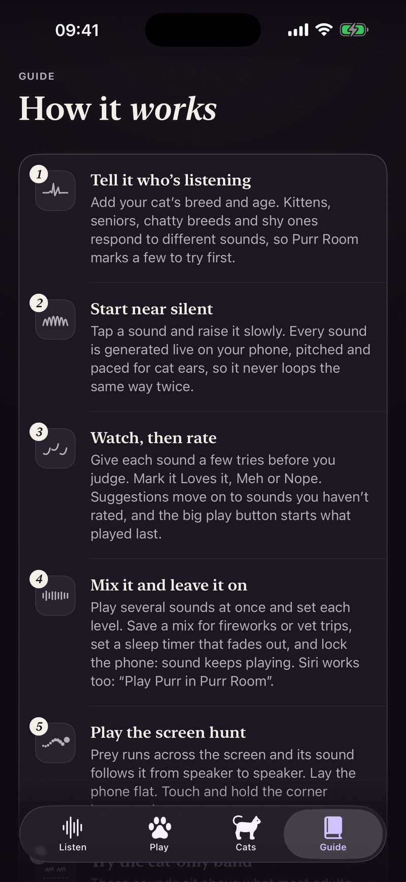The How it works guide in the app: tell it who’s listening, start near silent, watch then rate, mix it and leave it on, play the screen hunt.