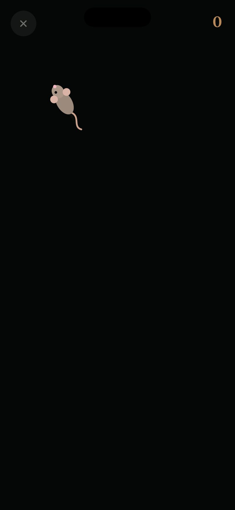 The screen hunt: a field mouse crossing a dark screen, with the hold-to-exit button top left and the catch count top right.