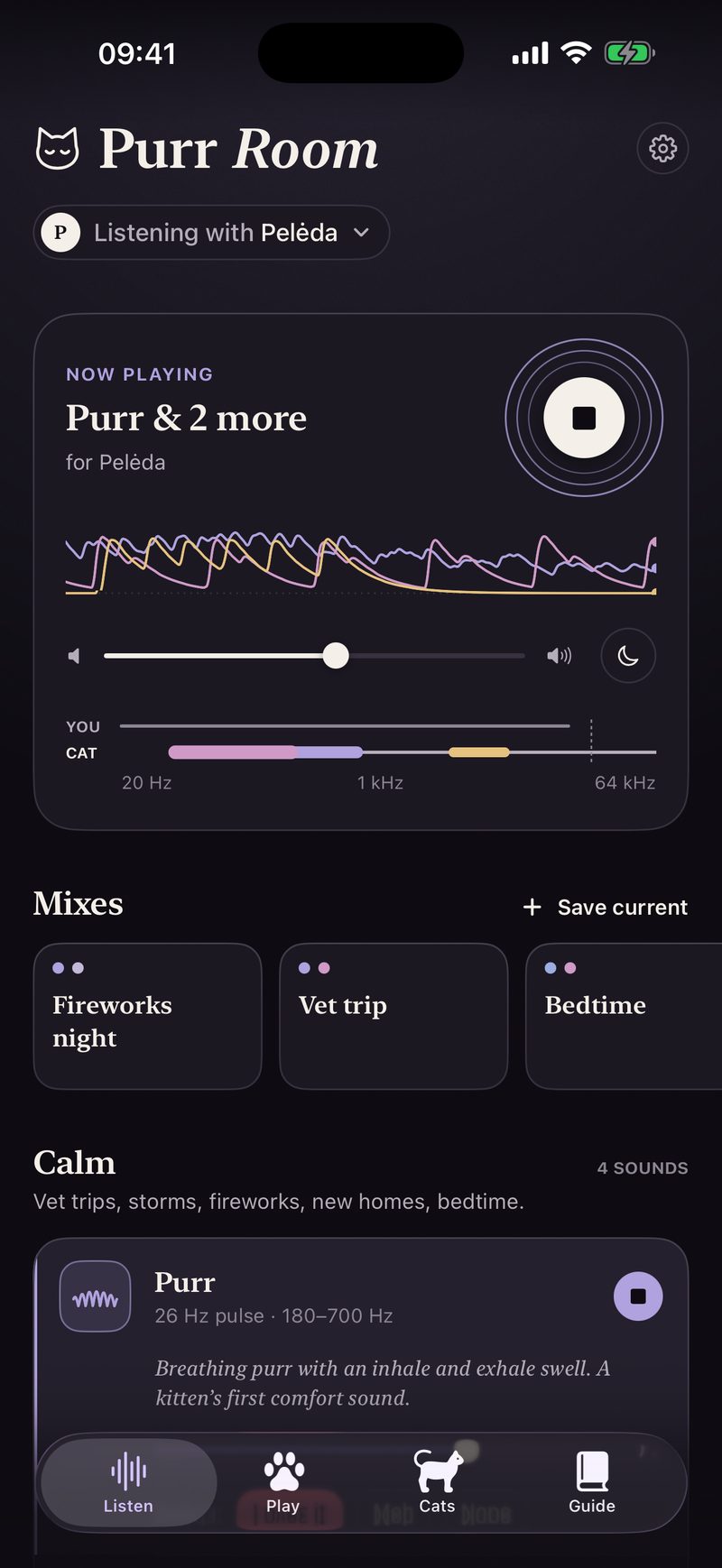 Purr Room’s Listen screen playing Purr and two more sounds for a cat named Pelėda, with a live pulse line, volume and sleep timer controls, and a hearing map comparing your range with a cat’s.