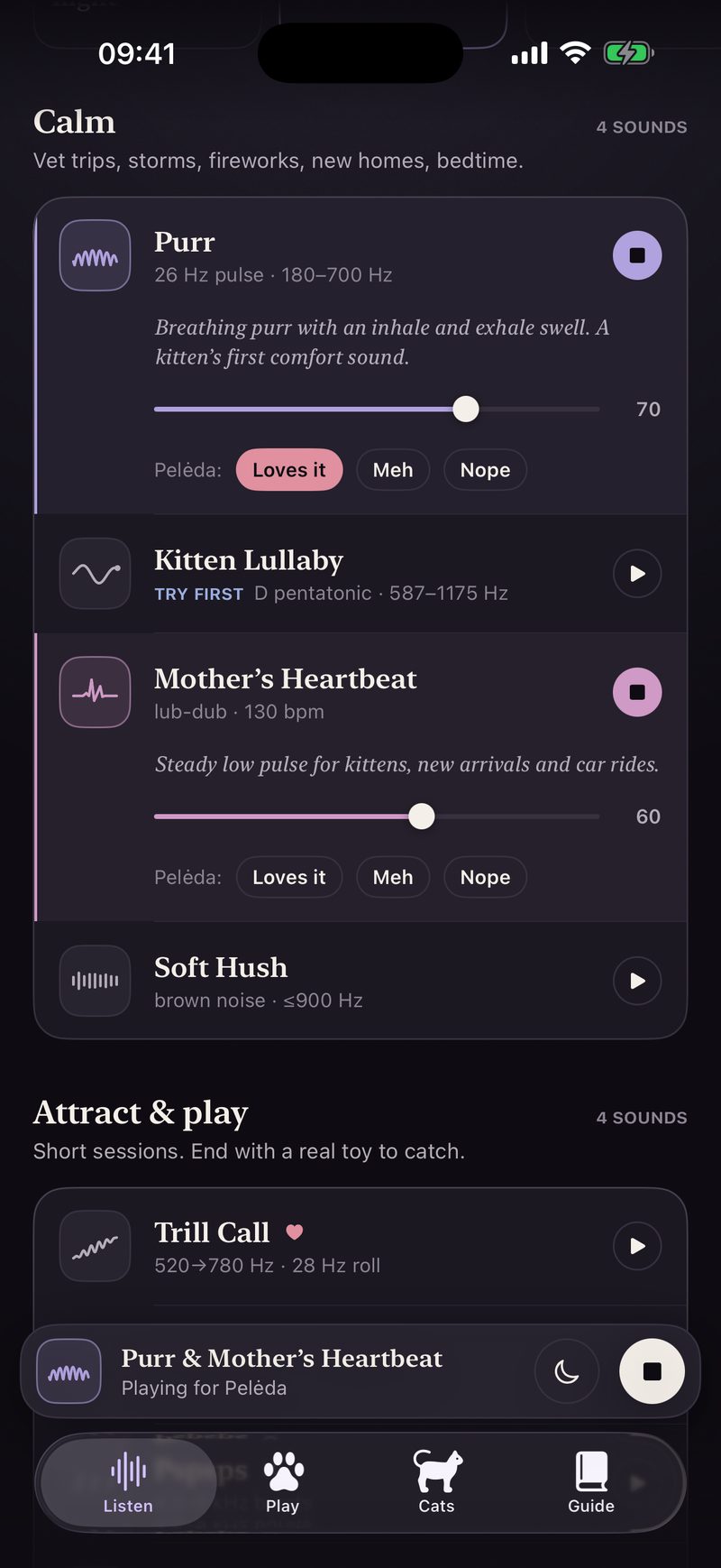 The Calm list: Purr and Mother’s Heartbeat playing with level sliders and Loves it, Meh and Nope ratings, with Kitten Lullaby and Soft Hush ready to play.