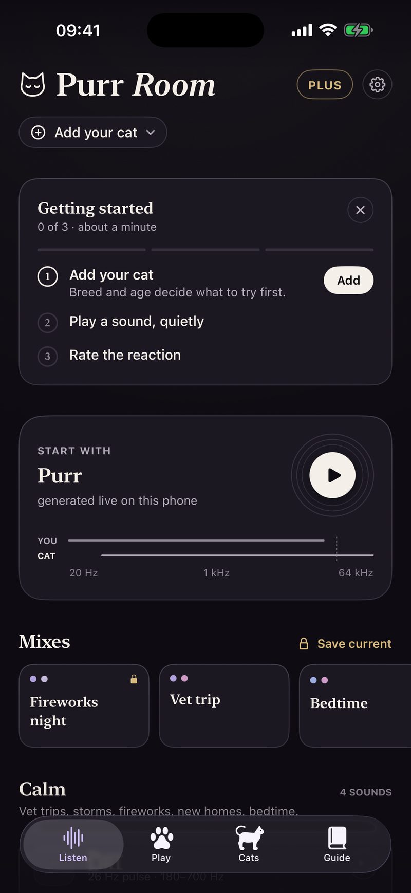 First run: a getting-started checklist (add your cat, play a sound quietly, rate the reaction) above a play button for Purr and the hearing map.