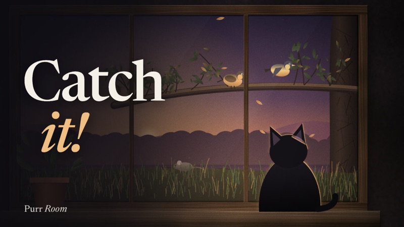A cat on a windowsill watching birds on a branch in a dusk garden.
